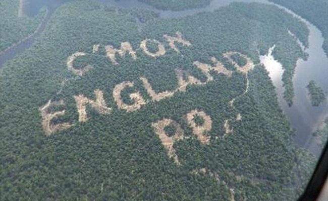 A Paddy Power divulgou imagens de árvores derrubadas formando inscrição de apoio à seleção da Inglaterra. A empresa ainda não oficializou se as imagens são montagem (Foto: Divulgação)