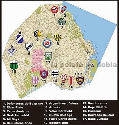 Localização dos estádios e seus respectivos clubes (Foto: La Pelota no Dobla)