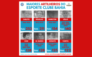 Os 8 líderes fizeram mais de 100 gols pelo Bahia (Arte: Rafael Luis Azevedo/Verminosos por Futebol)
