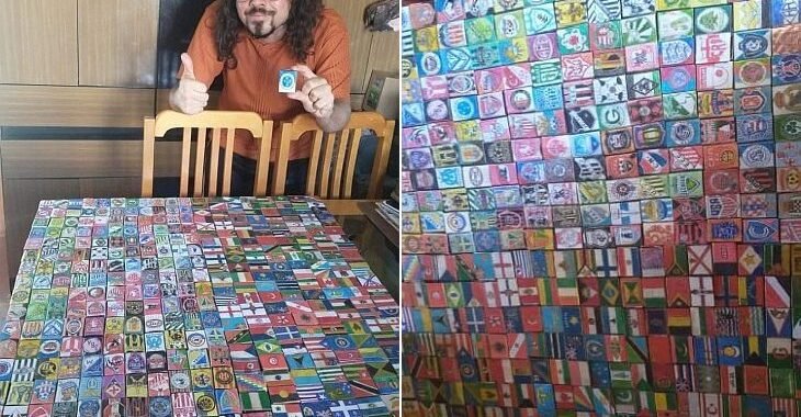 Professor de artes desenha escudos de futebol e bandeiras em caixinhas de fósforos