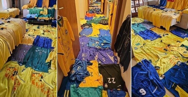 Colecionador “cobre” apartamento com 500 camisas da seleção brasileira